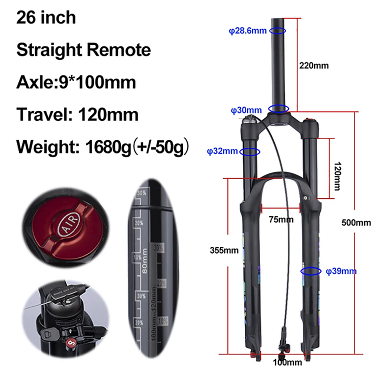 BOLANY R29 Horquilla de Bicicleta con Ajuste de Rebote Suspensión Delantera de Aire MTB 26/27.5/29 Pulgadas Recorrido de 120 mm Horquilla de 9x100mm Liberación Rápida Accesorios para Bicicletas Hor 13