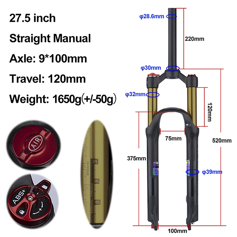 BOLANY R29 Horquilla de Bicicleta con Ajuste de Rebote Suspensión Delantera de Aire MTB 26/27.5/29 Pulgadas Recorrido de 120 mm Horquilla de 9x100mm Liberación Rápida Accesorios para Bicicletas Hor 14