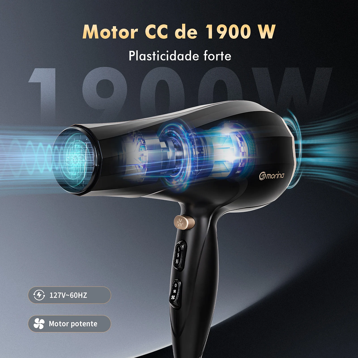 Secador de pelo profesional, 110/220V, 1800W, negro/dorado, de Brasil 13