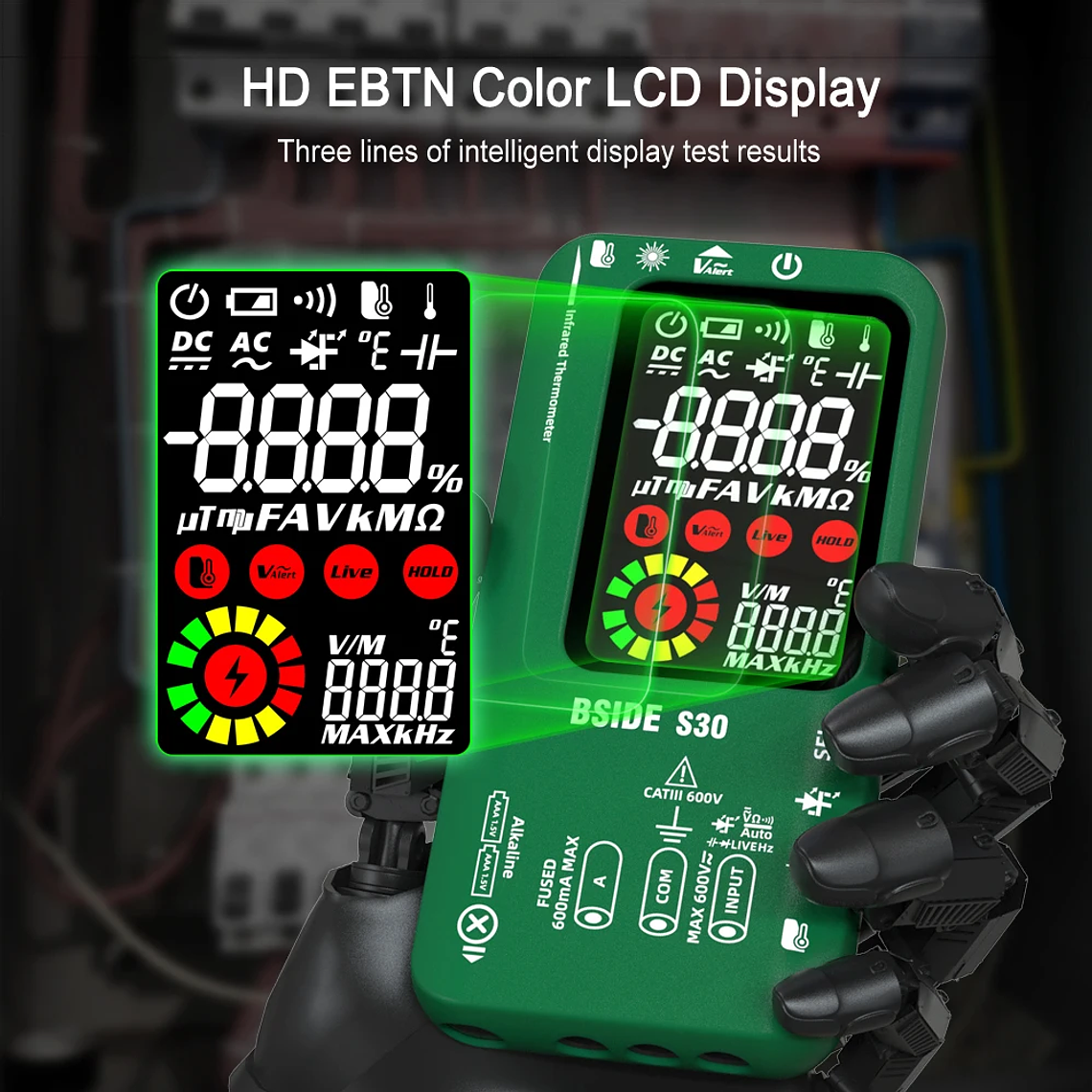 BSIDE-multímetro Digital inteligente de 15V, medidor de temperatura infrarroja, diodo LED, RMS verdadero, 9999 CC, voltaje de CA, recargable, DMM 11