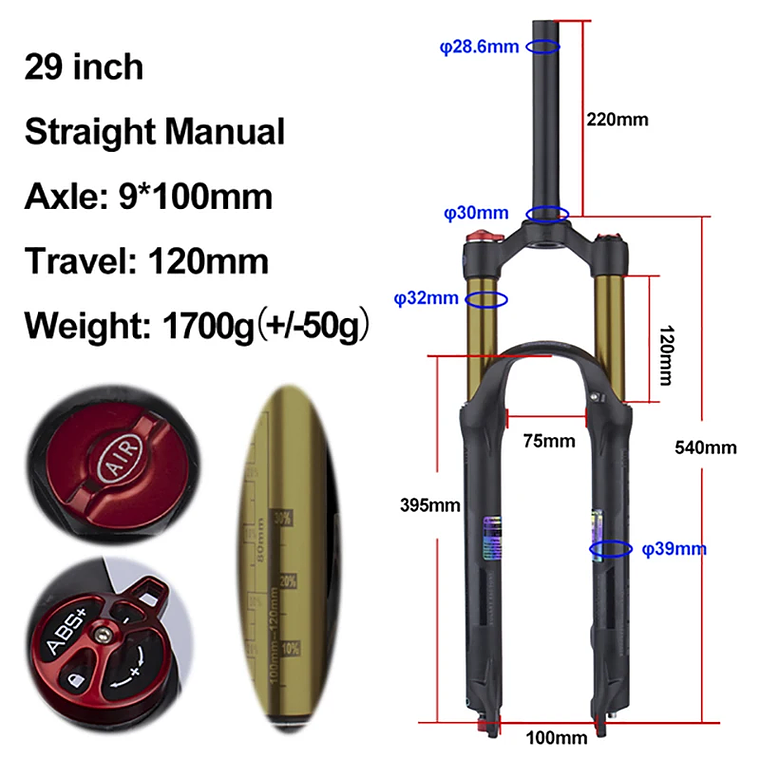 BOLANY R29 Horquilla de Bicicleta con Ajuste de Rebote Suspensión Delantera de Aire MTB 26/27.5/29 Pulgadas Recorrido de 120 mm Horquilla de 9x100mm Liberación Rápida Accesorios para Bicicletas Hor 17