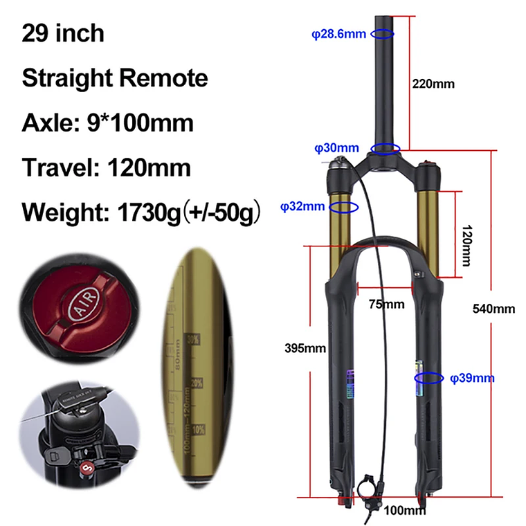 BOLANY R29 Horquilla de Bicicleta con Ajuste de Rebote Suspensión Delantera de Aire MTB 26/27.5/29 Pulgadas Recorrido de 120 mm Horquilla de 9x100mm Liberación Rápida Accesorios para Bicicletas Hor 18