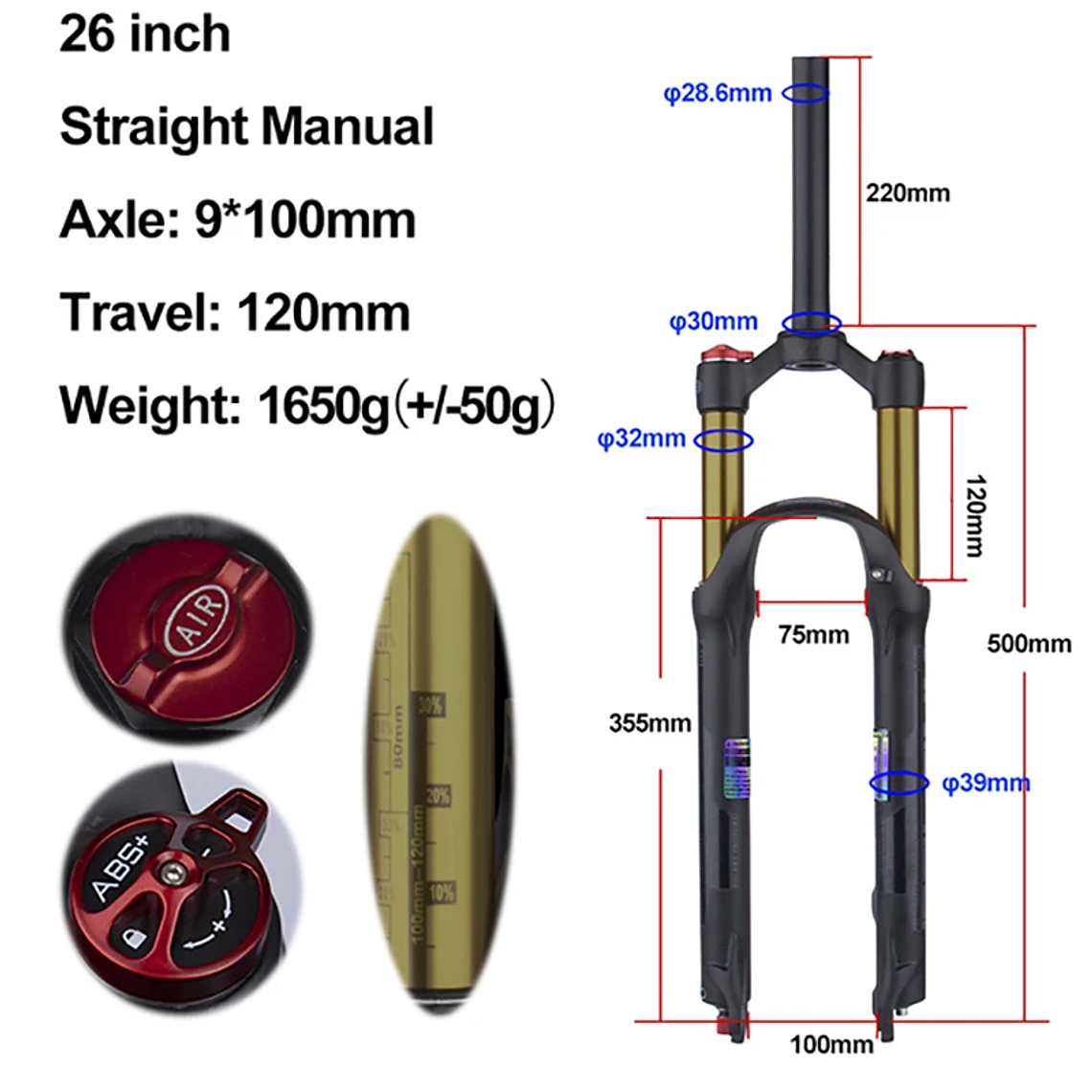 BOLANY R29 Horquilla de Bicicleta con Ajuste de Rebote Suspensión Delantera de Aire MTB 26/27.5/29 Pulgadas Recorrido de 120 mm Horquilla de 9x100mm Liberación Rápida Accesorios para Bicicletas Hor 19