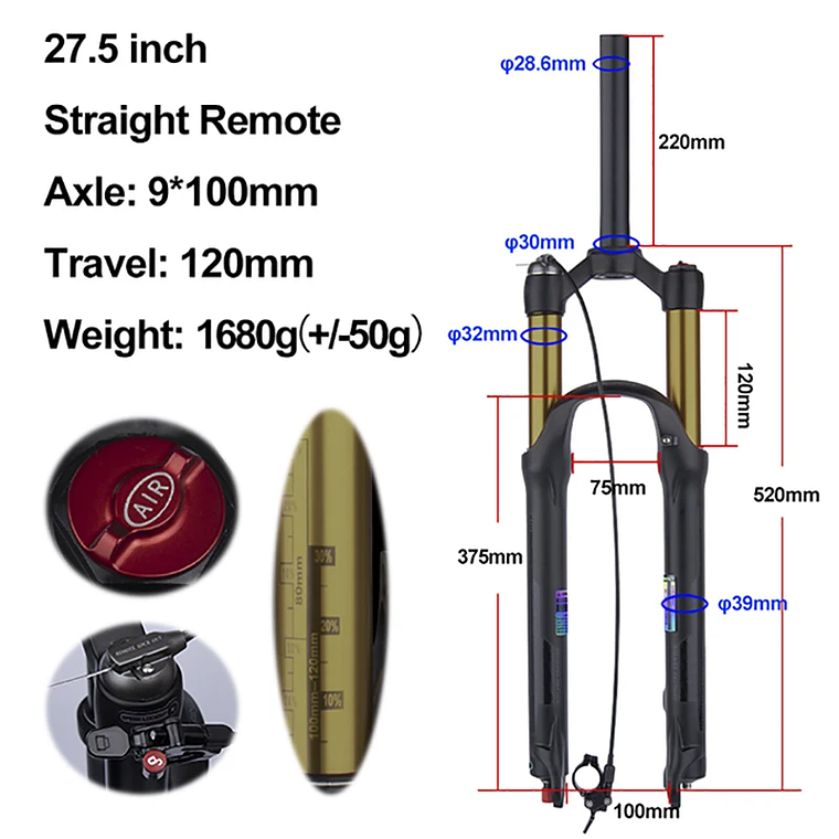 BOLANY R29 Horquilla de Bicicleta con Ajuste de Rebote Suspensión Delantera de Aire MTB 26/27.5/29 Pulgadas Recorrido de 120 mm Horquilla de 9x100mm Liberación Rápida Accesorios para Bicicletas Hor 20