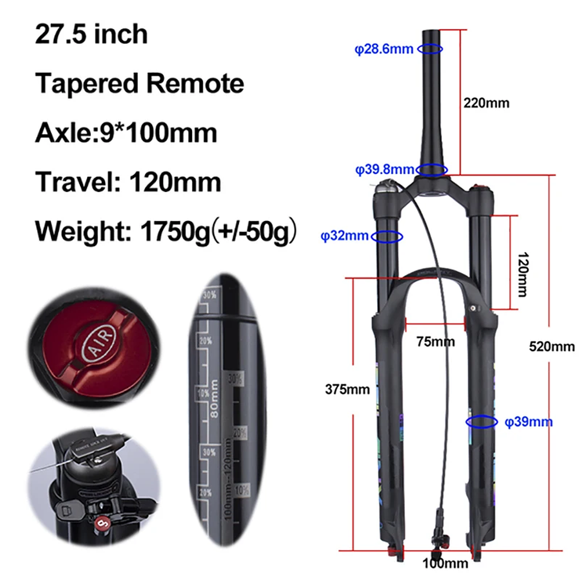 BOLANY R29 Horquilla de Bicicleta con Ajuste de Rebote Suspensión Delantera de Aire MTB 26/27.5/29 Pulgadas Recorrido de 120 mm Horquilla de 9x100mm Liberación Rápida Accesorios para Bicicletas Hor 21