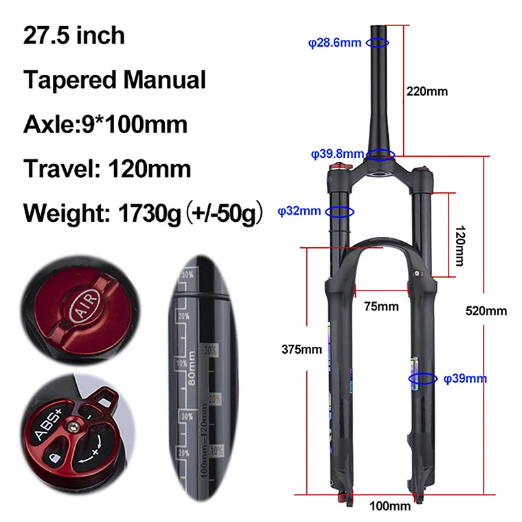 BOLANY R29 Horquilla de Bicicleta con Ajuste de Rebote Suspensión Delantera de Aire MTB 26/27.5/29 Pulgadas Recorrido de 120 mm Horquilla de 9x100mm Liberación Rápida Accesorios para Bicicletas Hor 22