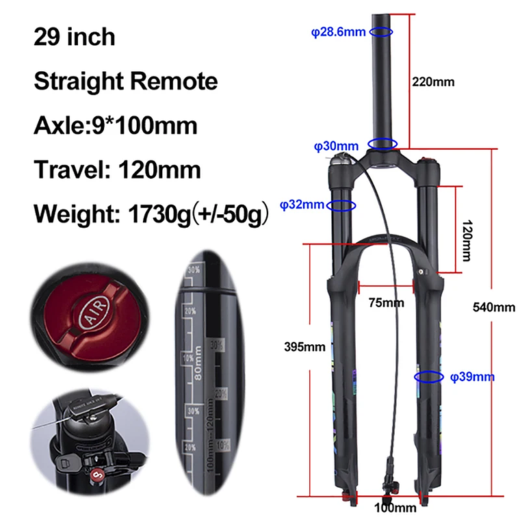 BOLANY R29 Horquilla de Bicicleta con Ajuste de Rebote Suspensión Delantera de Aire MTB 26/27.5/29 Pulgadas Recorrido de 120 mm Horquilla de 9x100mm Liberación Rápida Accesorios para Bicicletas Hor 23