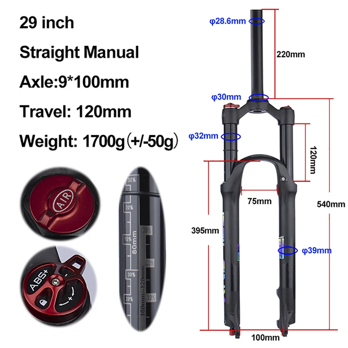 BOLANY R29 Horquilla de Bicicleta con Ajuste de Rebote Suspensión Delantera de Aire MTB 26/27.5/29 Pulgadas Recorrido de 120 mm Horquilla de 9x100mm Liberación Rápida Accesorios para Bicicletas Hor 24