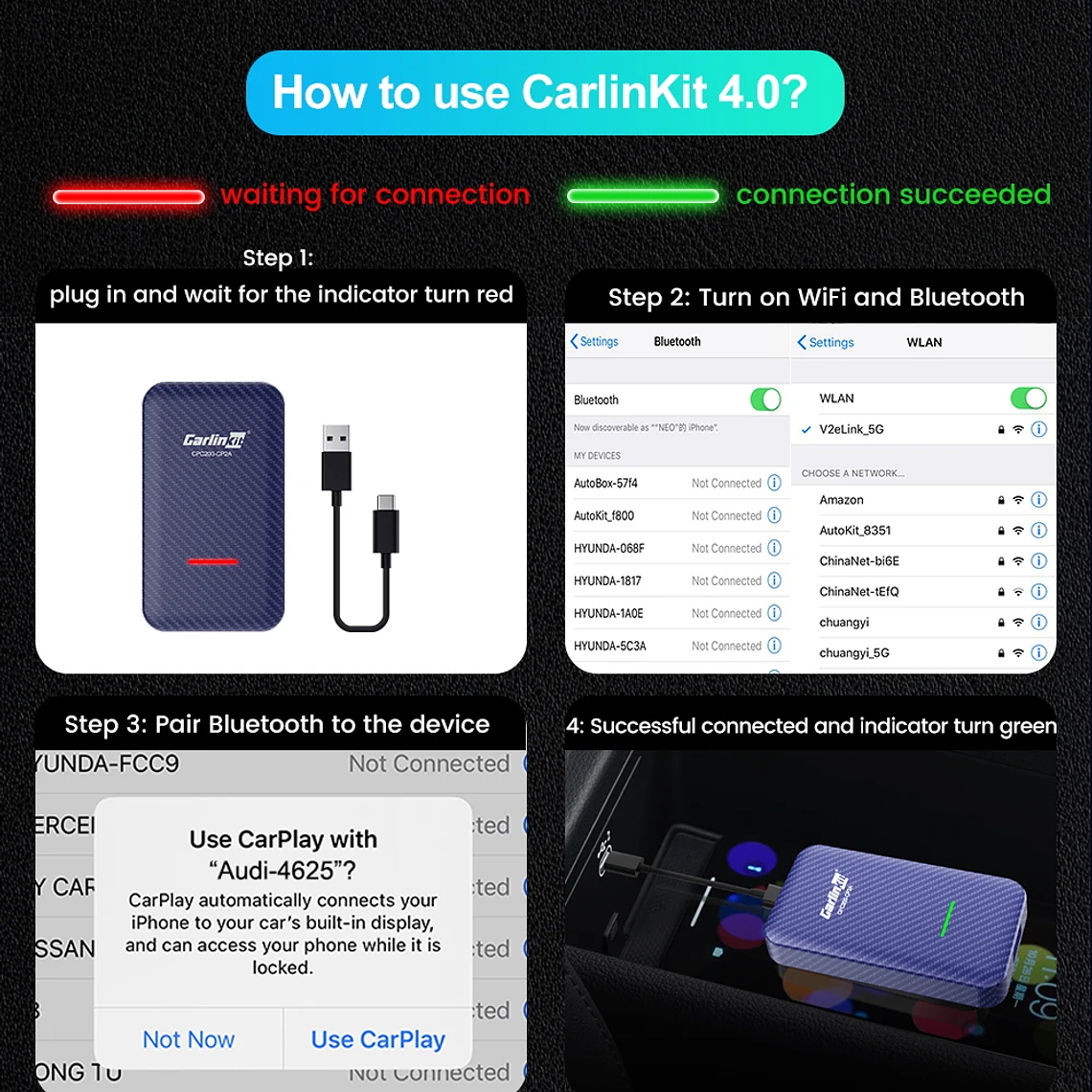 Carlinkit 4,0 CarPlay inalámbrico Android Auto cableado a adaptador inalámbrico para Vw Skoda Toyota Peugeot Kia Mazda IPhone teléfono Android 23