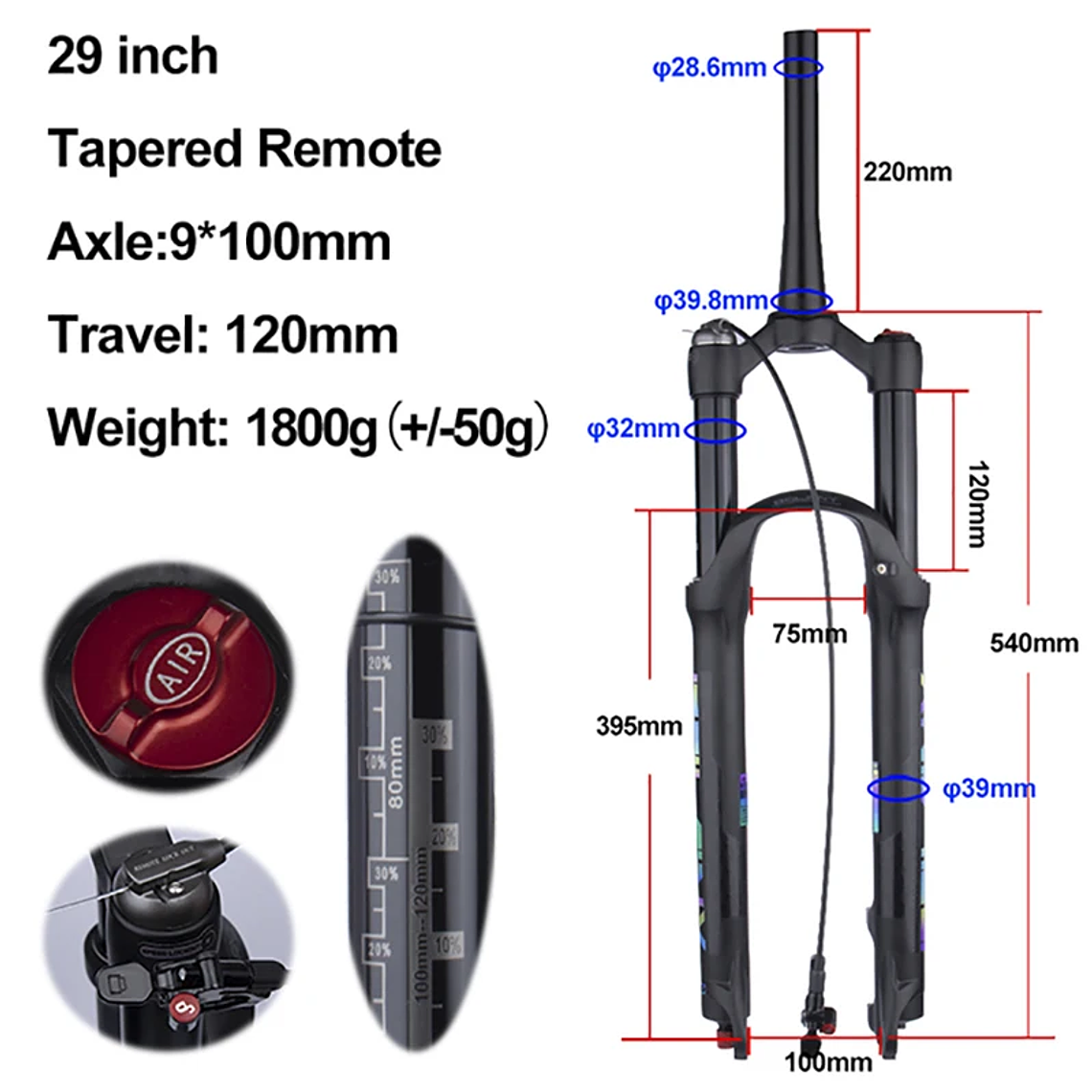 BOLANY R29 Horquilla de Bicicleta con Ajuste de Rebote Suspensión Delantera de Aire MTB 26/27.5/29 Pulgadas Recorrido de 120 mm Horquilla de 9x100mm Liberación Rápida Accesorios para Bicicletas Hor 25
