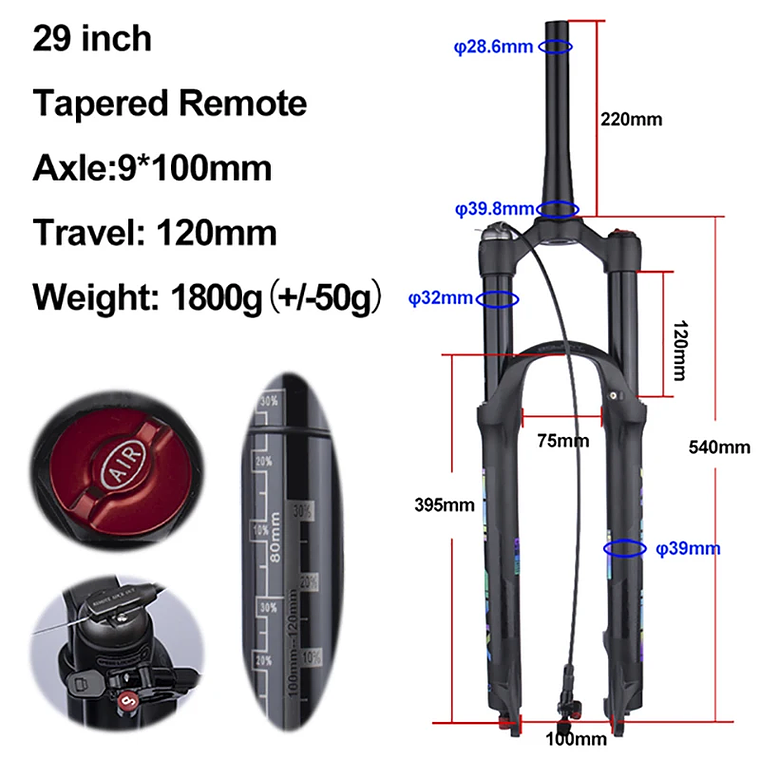 BOLANY R29 Horquilla de Bicicleta con Ajuste de Rebote Suspensión Delantera de Aire MTB 26/27.5/29 Pulgadas Recorrido de 120 mm Horquilla de 9x100mm Liberación Rápida Accesorios para Bicicletas Hor 25