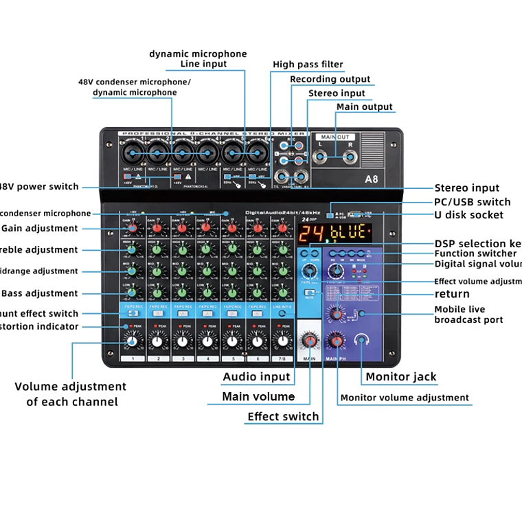 TEYUN 8, 6, mezclador portátil profesional de 4 canales, consola mezcladora de sonido para ordenador, interfaz de Audio, transmisión en vivo A4, A6, A8, 48V 15