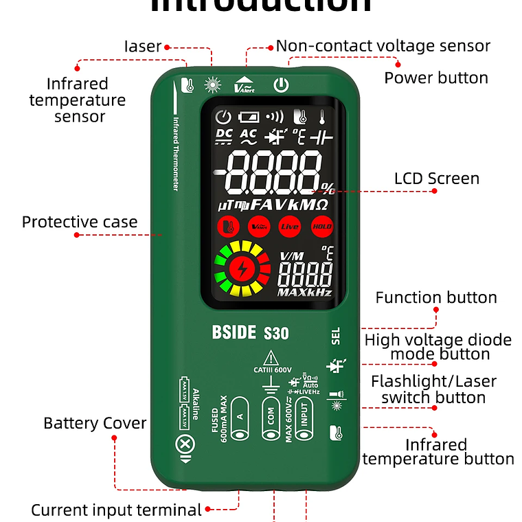 BSIDE-multímetro Digital inteligente de 15V, medidor de temperatura infrarroja, diodo LED, RMS verdadero, 9999 CC, voltaje de CA, recargable, DMM 20