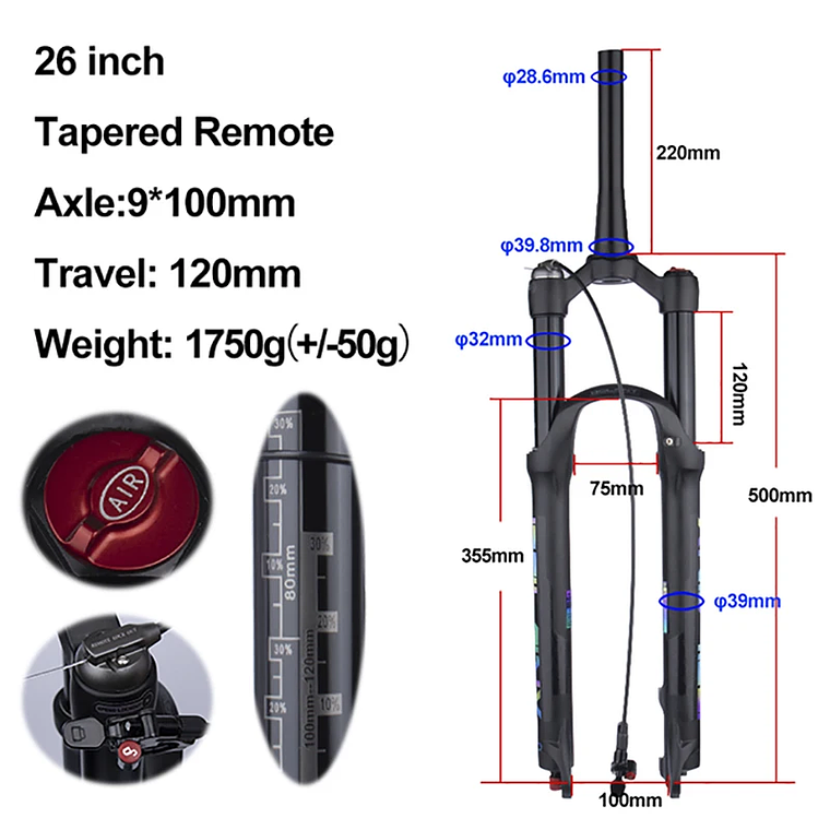 BOLANY R29 Horquilla de Bicicleta con Ajuste de Rebote Suspensión Delantera de Aire MTB 26/27.5/29 Pulgadas Recorrido de 120 mm Horquilla de 9x100mm Liberación Rápida Accesorios para Bicicletas Hor 29