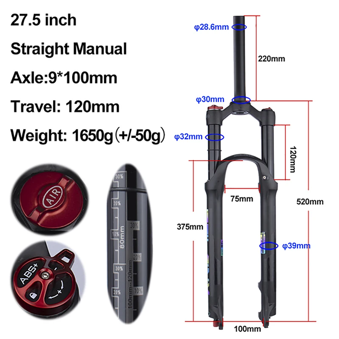 BOLANY R29 Horquilla de Bicicleta con Ajuste de Rebote Suspensión Delantera de Aire MTB 26/27.5/29 Pulgadas Recorrido de 120 mm Horquilla de 9x100mm Liberación Rápida Accesorios para Bicicletas Hor 30