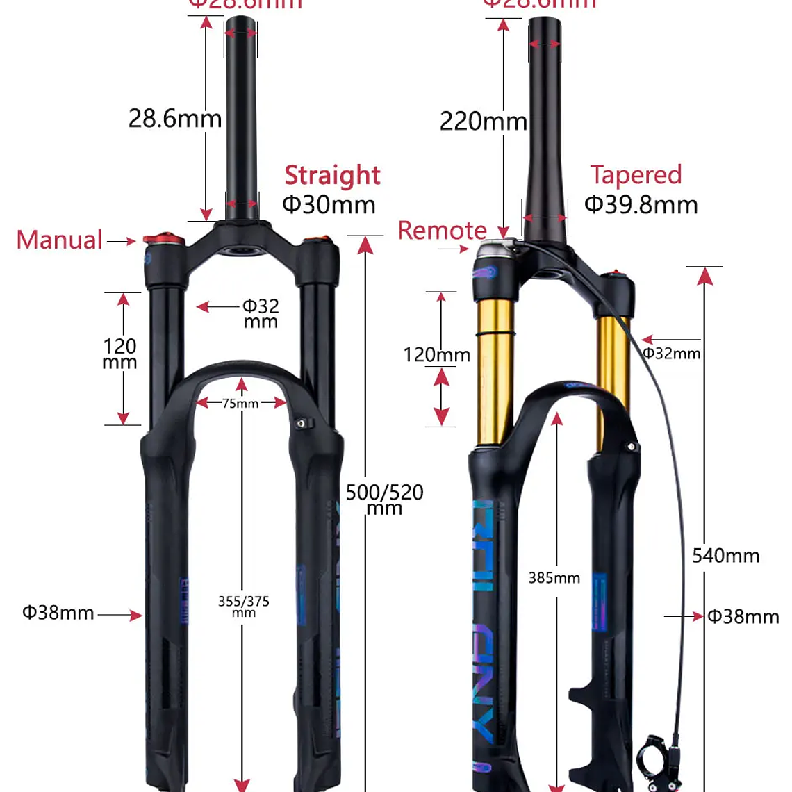 BOLANY R29 Horquilla de Bicicleta con Ajuste de Rebote Suspensión Delantera de Aire MTB 26/27.5/29 Pulgadas Recorrido de 120 mm Horquilla de 9x100mm Liberación Rápida Accesorios para Bicicletas Hor 35