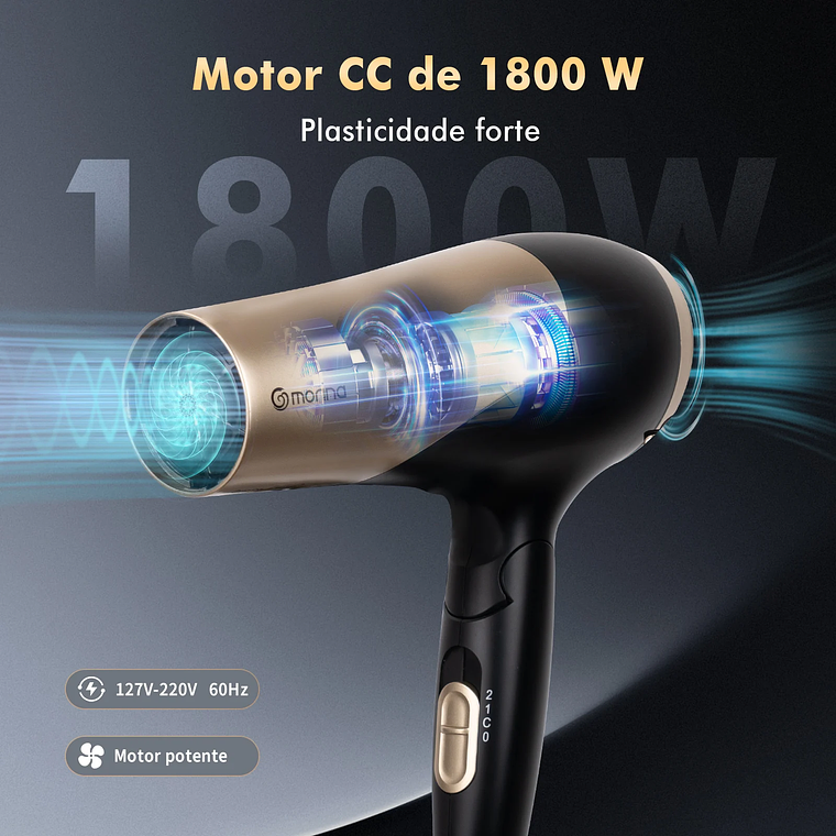 Secador de pelo profesional, 110/220V, 1800W, negro/dorado, de Brasil 2
