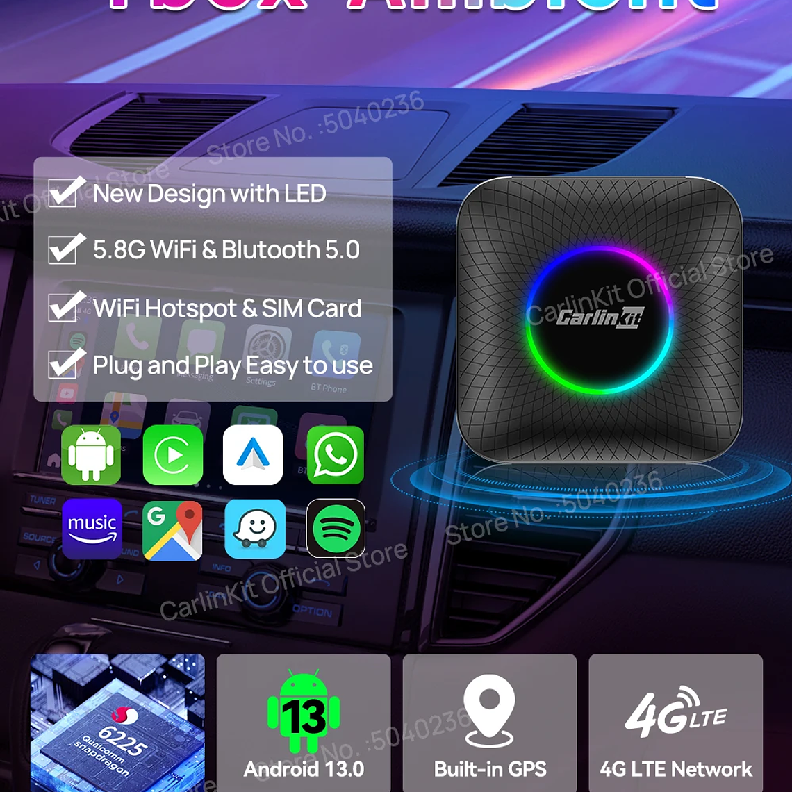 8G+128G Carlinkit CarPlay Ai Box LED Android 13 Inalámbrico Android Auto CarPlay Video TV Box Qualcomm SM6225 Caja de transmisión de 8 núcleos para VW Ford Kia Toyota Honda Benz MG BYD Mazda 15
