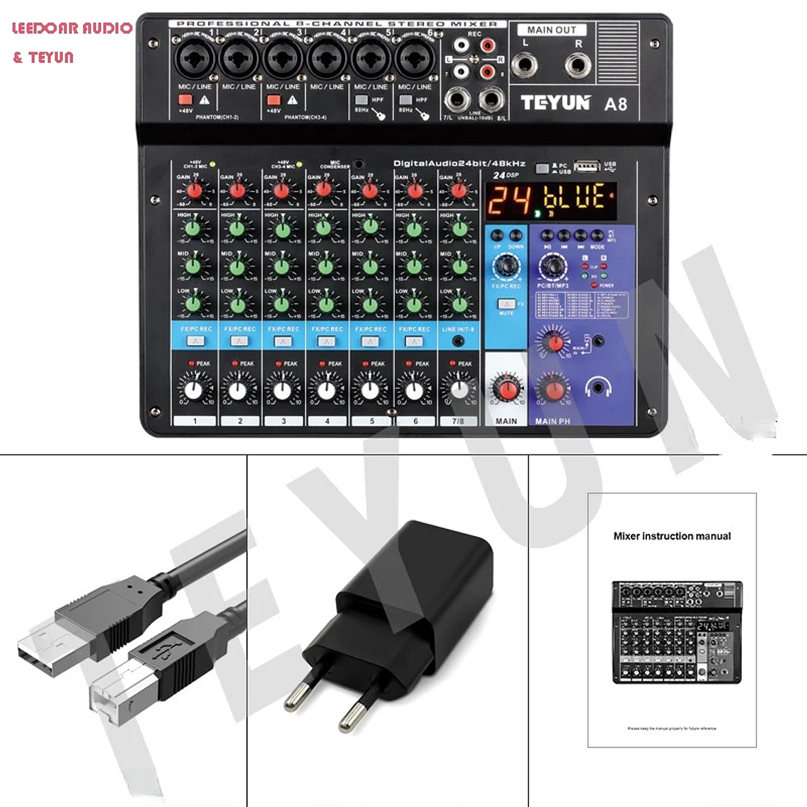 TEYUN 8, 6, mezclador portátil profesional de 4 canales, consola mezcladora de sonido para ordenador, interfaz de Audio, transmisión en vivo A4, A6, A8, 48V 12