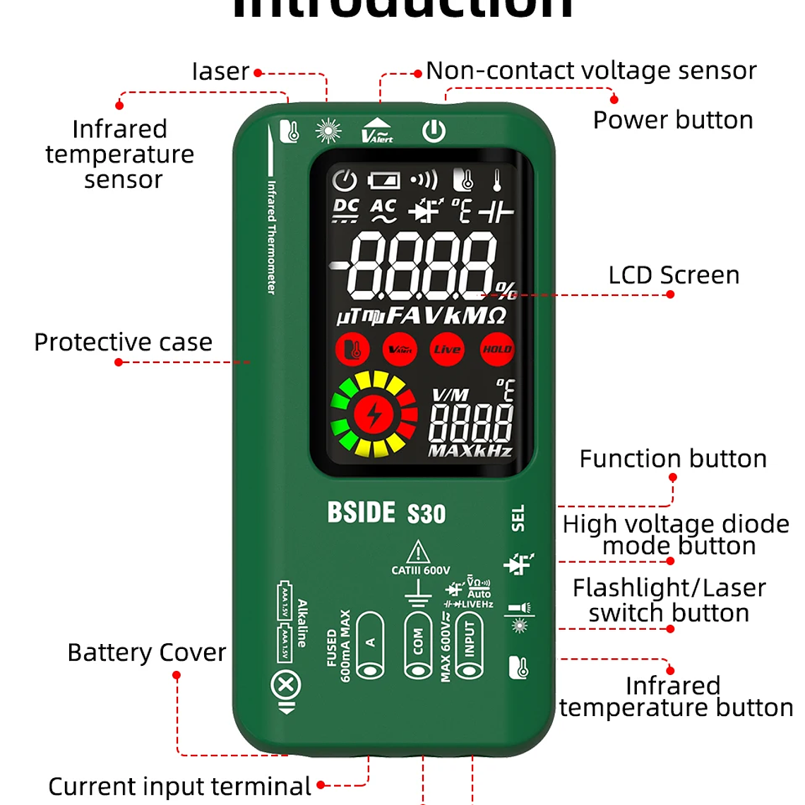 BSIDE-multímetro Digital inteligente de 15V, medidor de temperatura infrarroja, diodo LED, RMS verdadero, 9999 CC, voltaje de CA, recargable, DMM 20