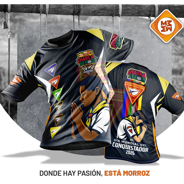PLAYERA MANGA CORTA DIA MUNDIAL DE LOS CONQUISTADORES 2026 76 ANIVERSARIO ** ADULTO UNISEX ** NEGRA VIVOS AMARILLOS