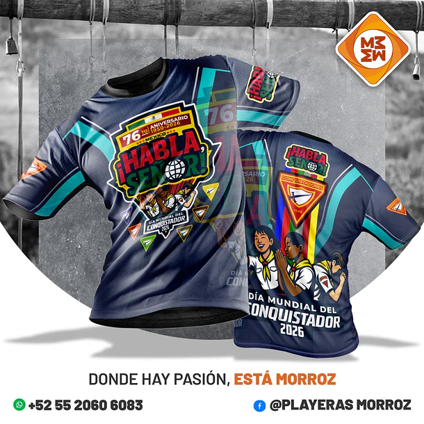 PLAYERA MANGA CORTA DIA MUNDIAL DE LOS CONQUISTADORES 2026 76 ANIVERSARIO ** ADULTO UNISEX ** AZUL CON VIVOS CELESTES