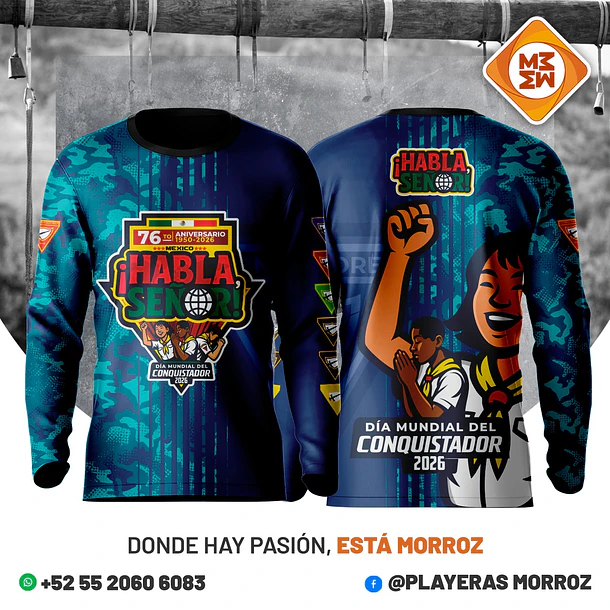 PLAYERA MANGA LARGA DIA MUNDIAL DE LOS CONQUISTADORES 2026 76 ANIVERSARIO ** NIÑO UNISEX ** AZUL CAMUFLAJE 