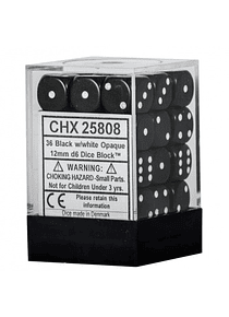 Chessex Opaque 12mm d6 with pips Dice Blocks (36 Dice) - Black w/white