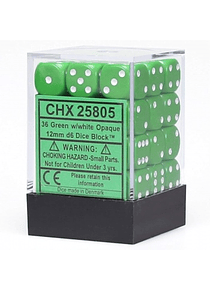Chessex Opaque 12mm d6 with pips Dice Blocks (36 Dice) - Green w/white
