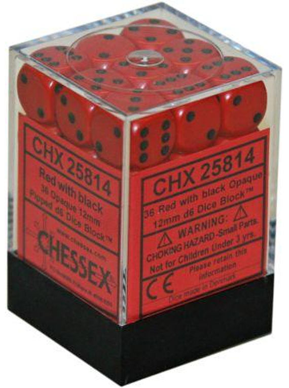 Chessex Opaque 12mm d6 with pips Dice Blocks (36 Dice) - Red w/Black