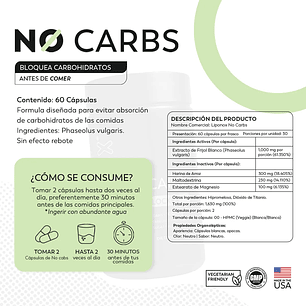 Suplemento NoCarbs 1000mg Bloqueador de Carbohidratos 60 Capsulas Liponox