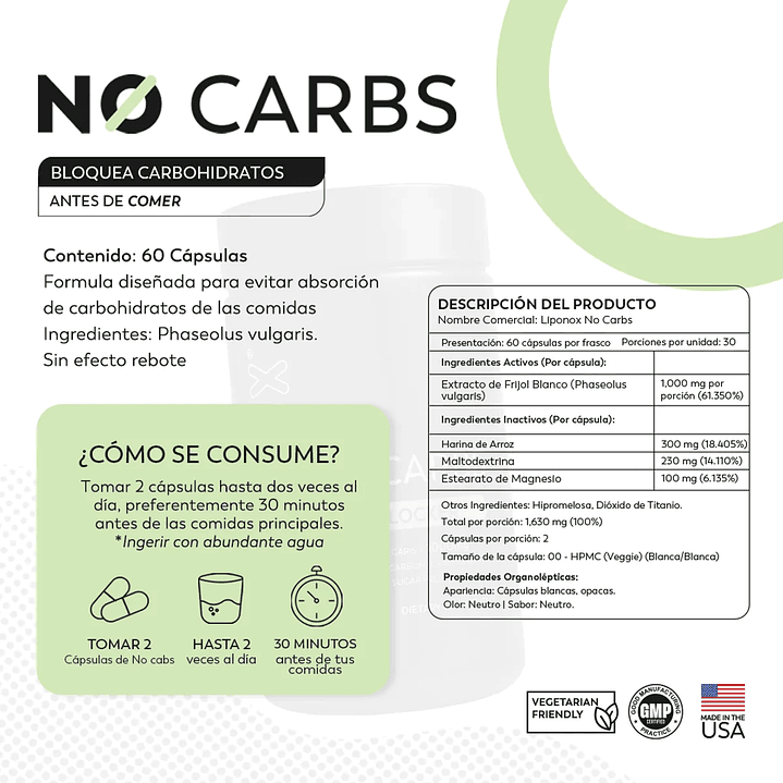 Suplemento NoCarbs 1000mg Bloqueador de Carbohidratos 60 Capsulas Liponox 2