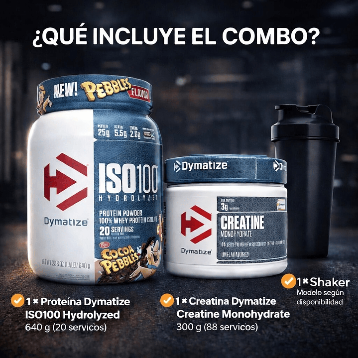 COMBO: Proteina 20 Servicios Cocoa + Creatina 300g Dymatize + shaker 4