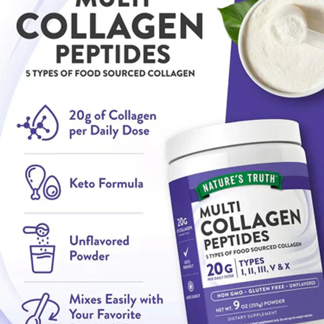 Colágeno en Polvo Multi Péptidos 5 Tipos I, II, III, V y X 20g - Nature's Truth 255g 2