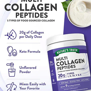 Colágeno en Polvo Multi Péptidos 5 Tipos I, II, III, V y X 20g - Nature's Truth 255g