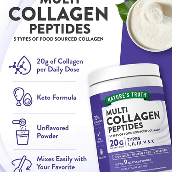 Colágeno en Polvo Multi Péptidos 5 Tipos I, II, III, V y X 20g - Nature's Truth 255g 2