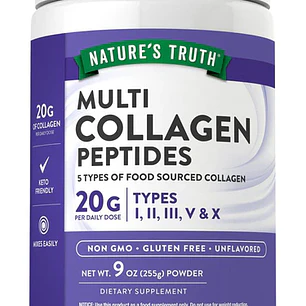 Colágeno en Polvo Multi Péptidos 5 Tipos I, II, III, V y X 20g - Nature's Truth 255g
