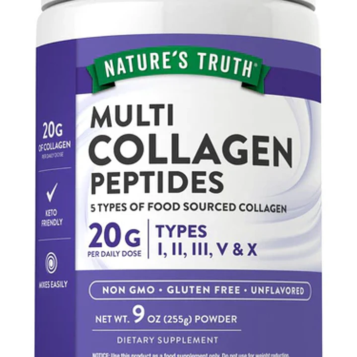 Colágeno en Polvo Multi Péptidos 5 Tipos I, II, III, V y X 20g - Nature's Truth 255g 1