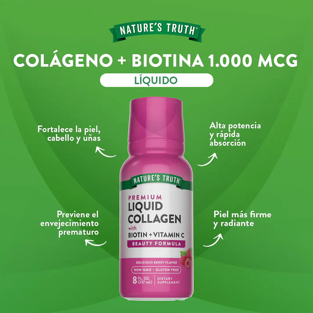 Colágeno líquido Nature's Truth | con Biotina | Sabor a bayas | 8 onzas | Suplemento sin OGM y sin gluten 2