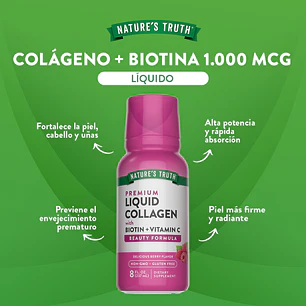 Colágeno líquido Nature's Truth | con Biotina | Sabor a bayas | 8 onzas | Suplemento sin OGM y sin gluten