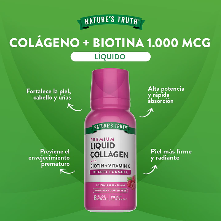Colágeno líquido Nature's Truth | con Biotina | Sabor a bayas | 8 onzas | Suplemento sin OGM y sin gluten 2
