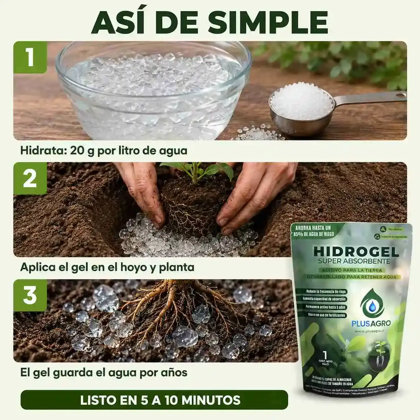 Hidrogel Plusagro 5 Kg | Ahorra Hasta 85% de Agua de Riego 8