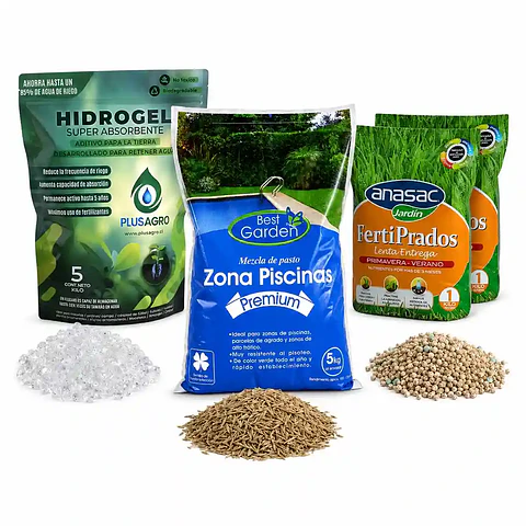 Kit Césped Zona Piscina | Semilla + Hidrogel + Fertilizante para Gran Superficie