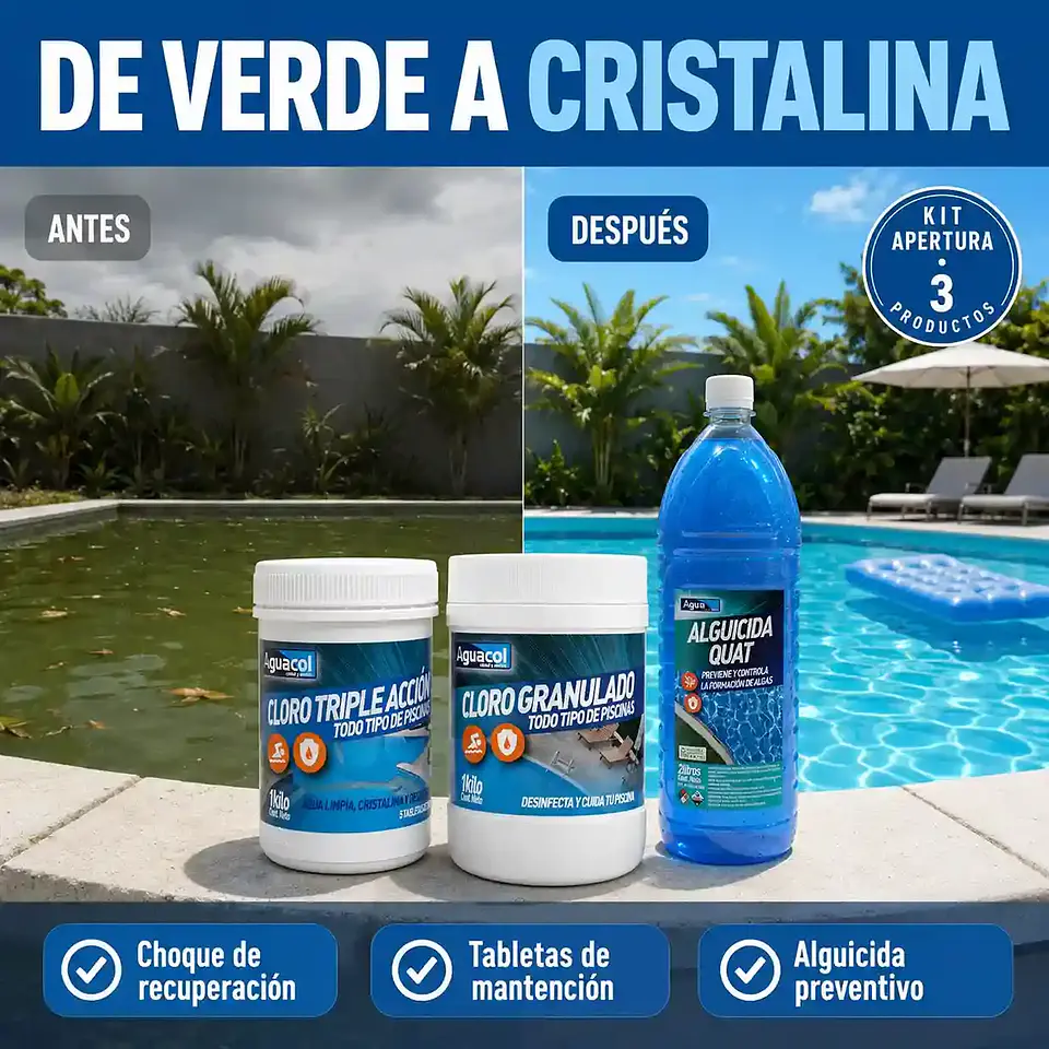 Kit Apertura de Piscina Aguacol | Cloro Tabletas + Cloro Granulado + Alguicida 3