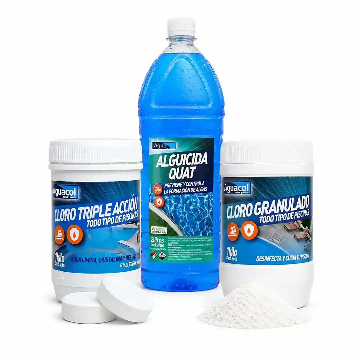 Kit Apertura de Piscina Aguacol | Cloro Tabletas + Cloro Granulado + Alguicida 1