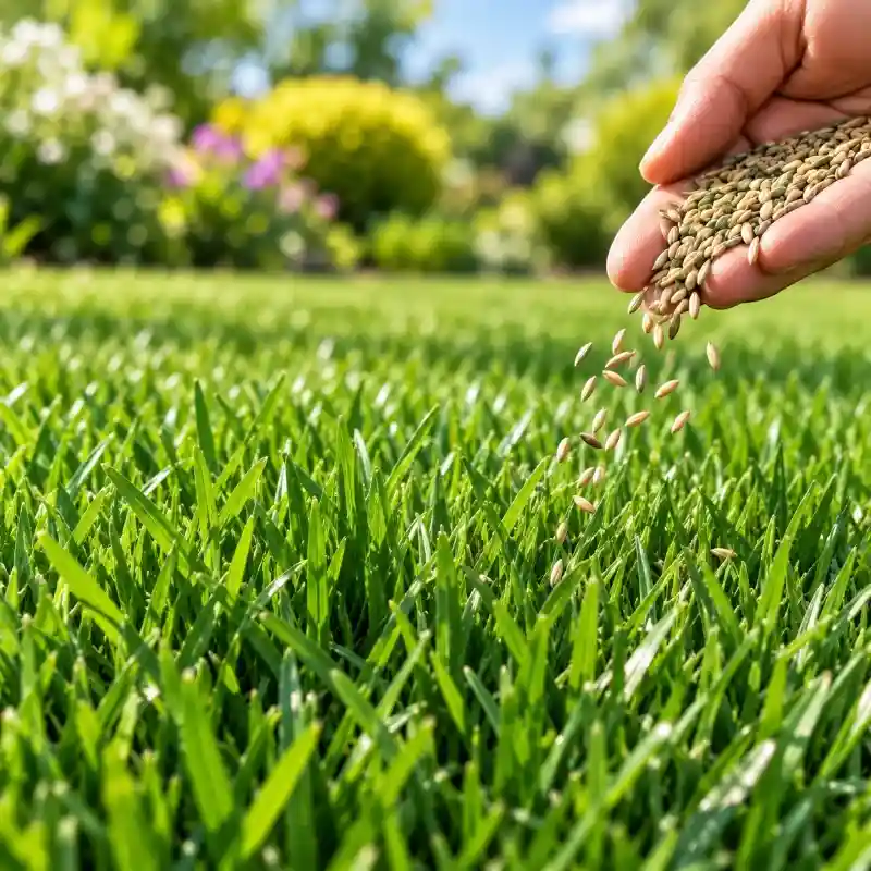 Siembra de semillas de césped sobre pasto verde
