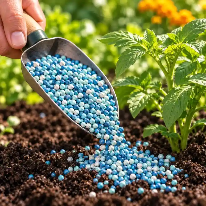 Fertilizante granulado NPK aplicado en el huerto