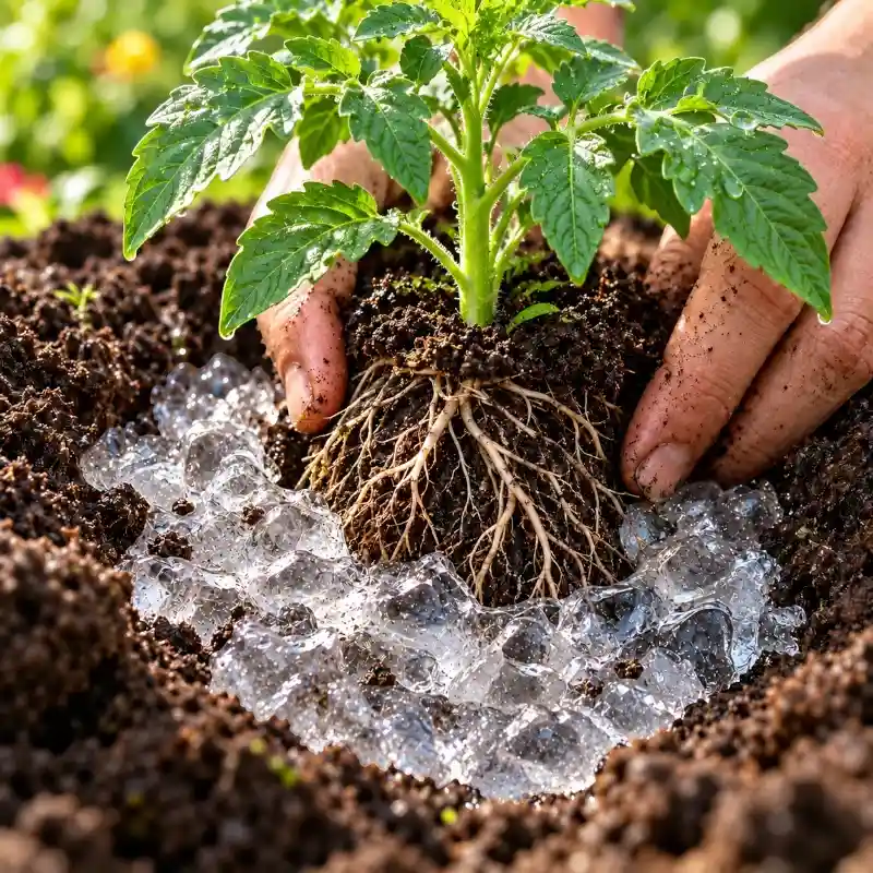 Hidrogel hidratado en el suelo al plantar un almácigo