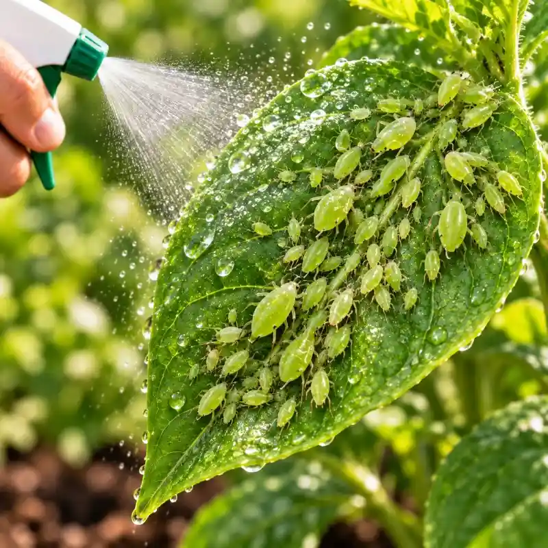 Aplicación de control de plagas en una hoja de jardín