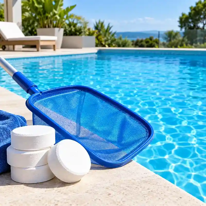Piscina con cloro en tabletas y red de limpieza